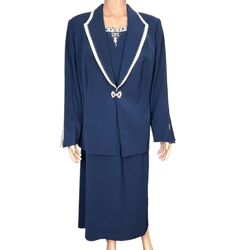 Beu Marc Womens 22 Navy Blue‎ 2 Piece Skirt Suit Rhinestone Beaded Blazer Jacket